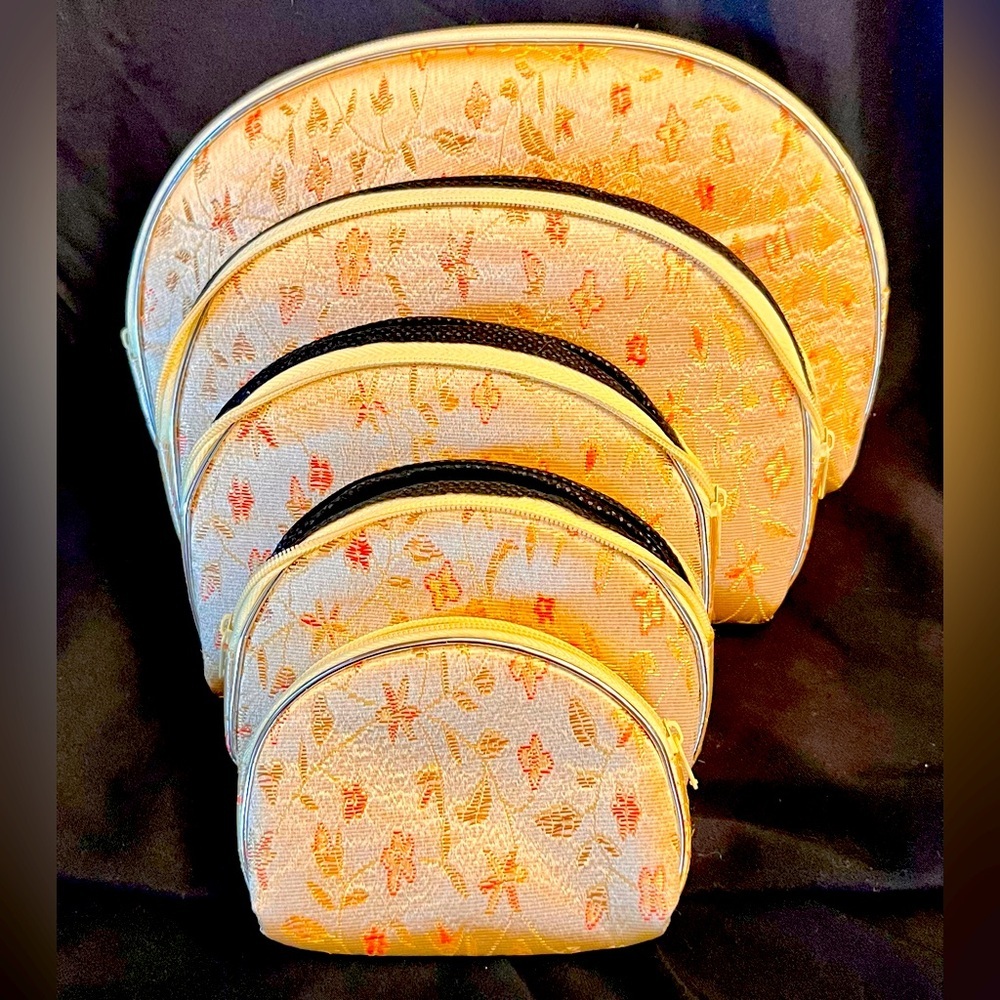 New VTG Silk Brocade Floral Cosmetic Bag Set 5 Nesting Makeup Travel Pouch Gold